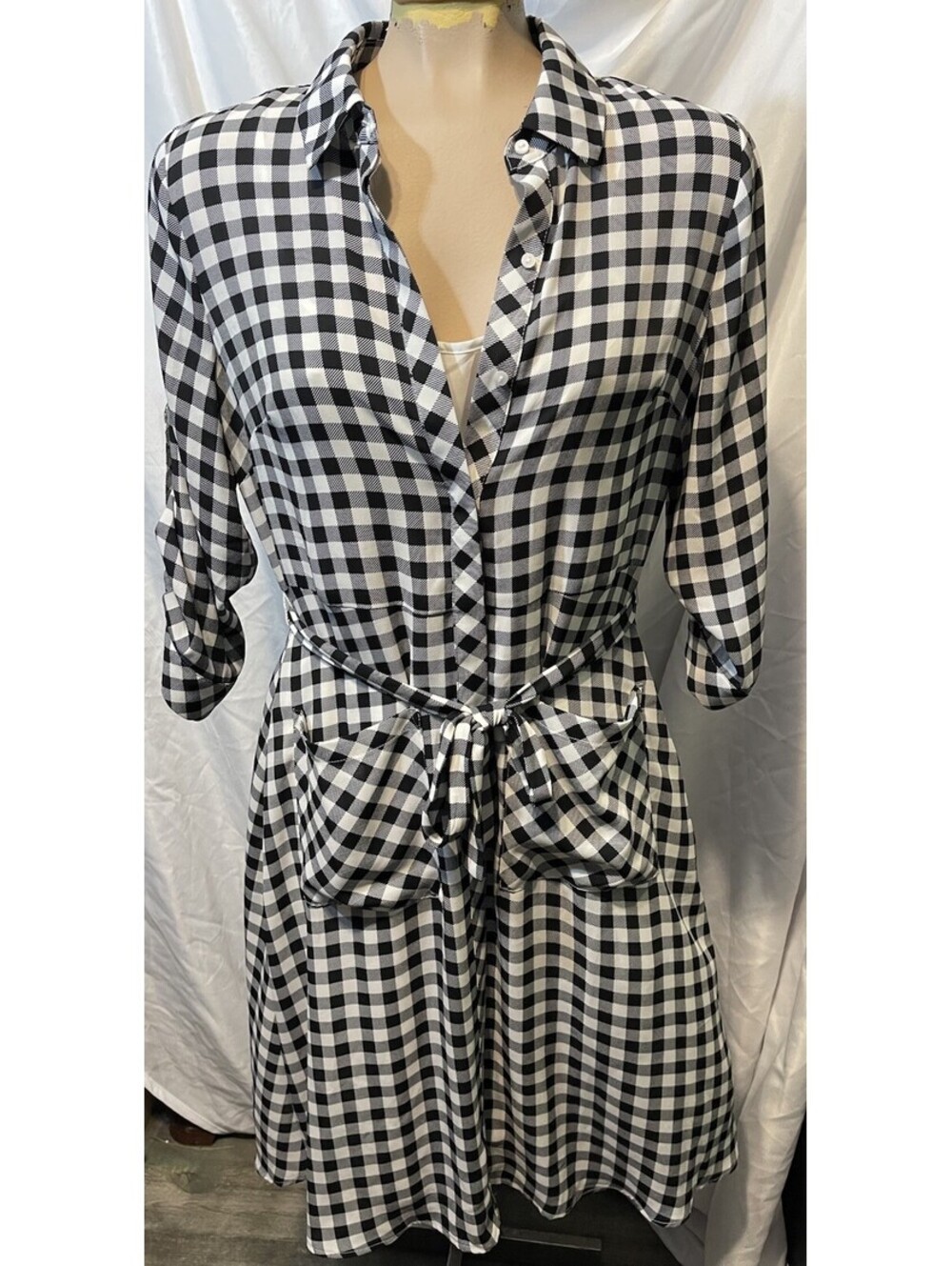 The Limited Gingham Check Twill Shirt Dress W/ Tie Womens Sz 4 Black & White $99